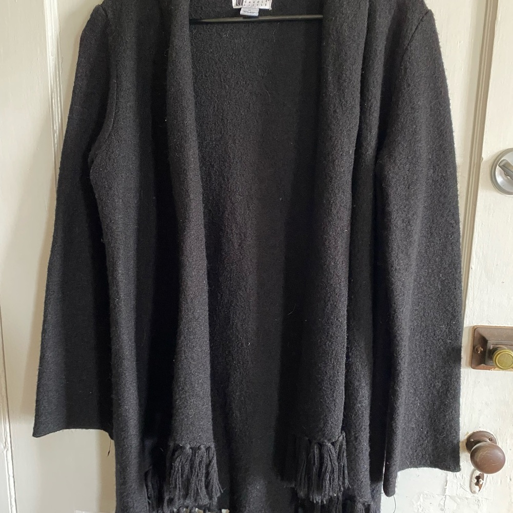 Carole Little Black Wool Open-Front Cardigan with Fringe Size MD